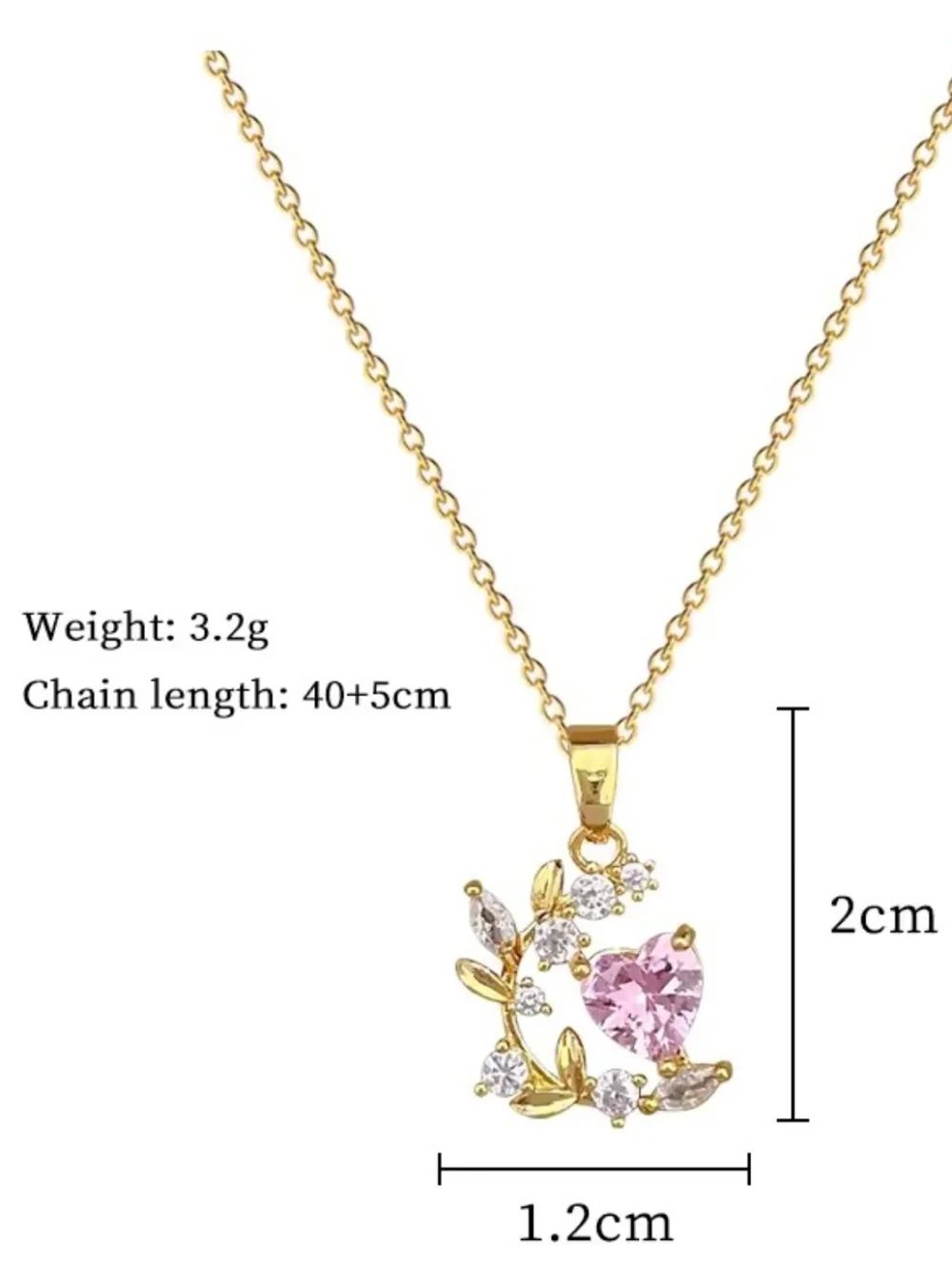 Dainty Gold Heart & Leaf Pendant Necklace Pink Crystal Jewelry